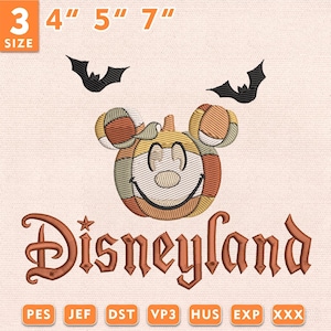 May include: An embroidery design featuring a pumpkin shaped like a mouse head with a smiling face, flanked by two black bats. The text Disneyland is written below in a brown font. The design is available in 10.16, 12.7, and 17.78 cm sizes.
