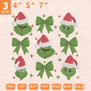 Op de afbeelding: Een borduurontwerpbestand met groene figuren die rood-witte kerstmutsen dragen, afgewisseld met groene strikken en kleine rode en groene sterren. De tekst 3 4" 5" 7" is bovenaan zichtbaar, met de bestandsformaten PES, JEF, DST, VP3, HUS, EXP, XXX eronder.