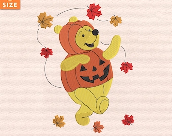 プーさんのハロウィン刺繍デザイン、かわいい秋の漫画ステッチファイル、秋のクマのミシン刺繍、即時ダウンロード