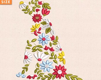 Floral Dog Embroidery Design, Dog Wildflower Embroidery Design, Animal Embroidery Machine File, 3 size, Instant Download