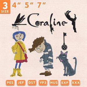 May include: An embroidery design featuring the text Coraline, a dragonfly, a key with a button head, and characters including a person in a yellow raincoat, a person in a striped coat, and a black cat. Includes 3 size options: 4", 5", 7".