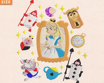 マジックキングダム刺繍デザイン、プリンセス漫画刺繍デザイン、不思議の国の少女刺繍デザイン、即時ダウンロード