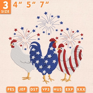 Puede incluir: Diseño bordado con tres gallos con colores patrióticos y fuegos artificiales. Los gallos son blancos, azules con estrellas blancas y a rayas rojas y blancas. El diseño incluye el texto "3 4" 5" 7" SIZE" y abreviaturas de tipo de archivo.