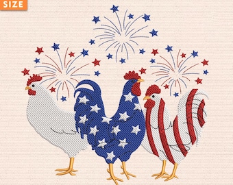 Diseño de bordado retro del 4 de julio, diseño de bordado de animales patrióticos, diseño de bordado de gallina patriótica de EE. UU., descarga digital