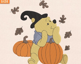 Cute Bear Halloween Embroidery Design, Fall Pumpkin Stitch File, Autumn Leaves Embroidery Pattern, Instant Download
