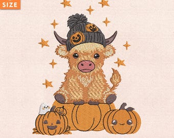 Desenho de bordado retrô de vaca das Terras Altas para o Halloween, arquivo de ponto de vaca abóbora engraçada, bordado "Muuu, quer dizer, Buuu", download instantâneo