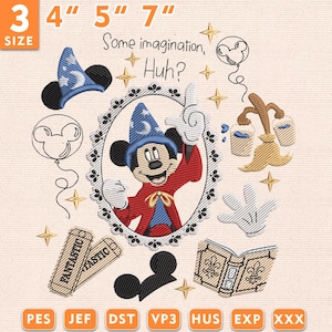 May include: An embroidered design featuring Mickey Mouse in a wizard's hat and robe, surrounded by stars, a balloon, and other magical elements. The design includes the text "Some imagination, Huh?" and is available in 3", 4", 5", and 7" sizes.