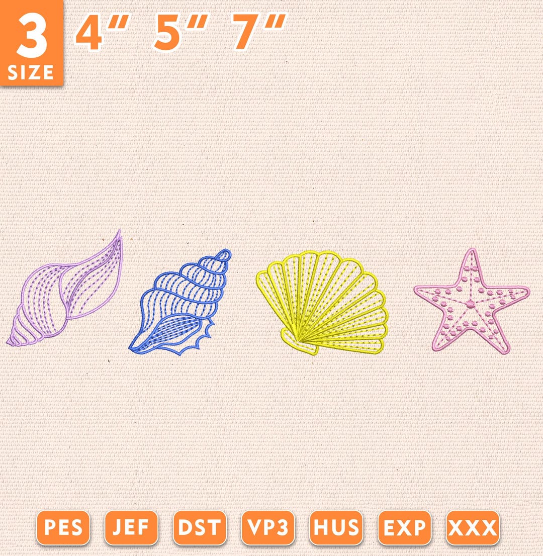 Seashells Embroidery Design, Beach Line Embroidery Design, Summer ...