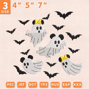 May include: An embroidery design featuring four white ghosts with black mouse ears and yellow bows, surrounded by black bats. The text 3 4" 5" 7" appears at the top, and the file formats PES, JEF, DST, VP3, HUS, EXP, and XXX are listed at the bottom.