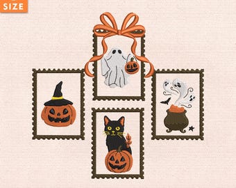 Retro Halloween Cat Ghost Embroidery Design, Spooky Pumpkin Fall Embroidery File, Girly Halloween Machine Embroidery, Instant Download
