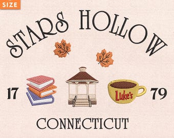 Stars Hollow Embroidery Design, Cozy Town Stitch Pattern, Fall Leaves Embroidery File, Instant Download