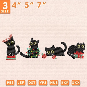 May include: An embroidery design featuring four black cats with large yellow eyes. One cat wears reindeer antlers on a gift, one is tangled in colorful Christmas lights, one plays with red ornaments, and one sits by a gift. Text reads 3 4" 5" 7".