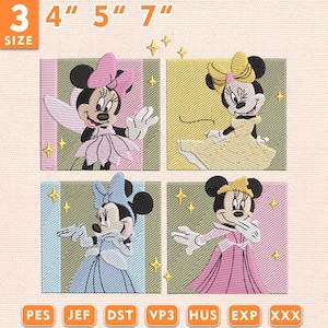May include: Four embroidered Minnie Mouse designs in different outfits, each within a square. The sizes are 3", 4", 5", and 7". The designs include a pink fairy, a yellow dress, a blue dress, and a pink dress. The image also includes file type abbreviations.