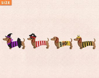 Desenho de bordado de Dachshund para o Halloween, arquivo de bordado de cachorro fofo para o Halloween, bordado à máquina de cachorro salsicha, download instantâneo