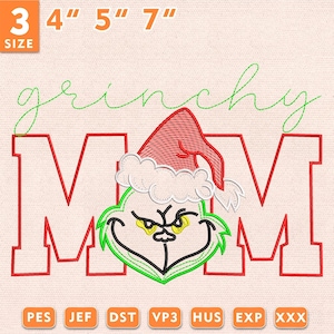 Könnte beinhalten: Ein Stickmuster mit der grünen Figur in einer roten Weihnachtsmütze, platziert zwischen den Buchstaben M und M. Das Wort grinchy ist darüber in grüner Schreibschrift gestickt. Text enthält 3 Größen: 10 cm, 13 cm, 18 cm und Formate PES, JEF, DST, VP3, HUS, EXP, XXX.