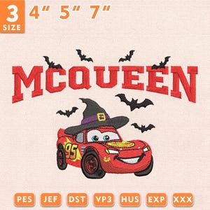 May include: An embroidery design featuring a red race car with the number 95, wearing a purple-banded black witch hat. The text MCQUEEN is embroidered in red above the car, surrounded by black bats. Available in 3, 4, 5, and 7 inch sizes.
