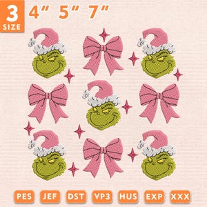 Könnte beinhalten: Ein Stickmuster-Set mit grünen Charaktergesichtern, die rosa Weihnachtsmützen tragen, dazu rosa Schleifen und kleine vierzackige Sterne. Der Text 3 4" 5" 7" steht oben, und die Dateiformate PES, JEF, DST, VP3, HUS, EXP und XXX sind unten aufgeführt.