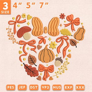 Diseño de bordado de cabeza de ratón otoñal, archivo de bordado de calabaza, lazo y hojas de otoño, lindo patrón de puntada de temporada, descarga instantánea