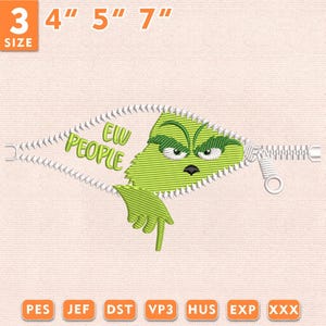 Puede incluir: Un diseño de bordado con un personaje verde de expresión gruñona asomándose por una cremallera abierta. El texto "EW PEOPLE" está bordado en verde. Disponible en tamaños de 3, 4, 5 y 7 pulgadas, en formatos PES, JEF, DST, VP3, HUS, EXP y XXX.