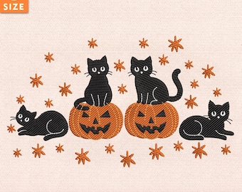 Desenho de bordado de gato preto para o Halloween, arquivo de ponto de abóbora fofa de outono, bordado de morcego para a temporada assustadora, download instantâneo