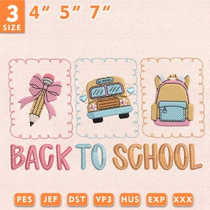 Peut inclure: Motif brodé pour la rentrée scolaire avec un crayon et un nœud, un bus scolaire et un sac à dos. Le texte "BACK TO SCHOOL" est également brodé. Les tailles sont de 7.6, 10.2, 12.7 et 17.8 cm.