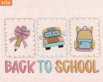 Design de bordado preppy para a volta às aulas, bordado escolar para menino e menina, arquivo de ponto para o primeiro dia de aula, laço de lápis charmoso, download instantâneo