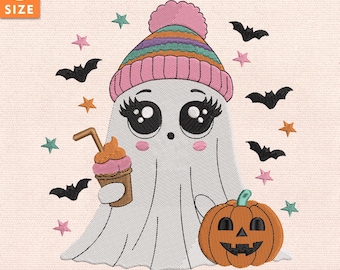 Design de bordado de fantasma fofo e chique, arquivo de ponto de café para o Halloween com frase engraçada para artesanato de outono, download instantâneo