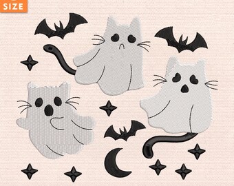 Desenho de Bordado de Gatos Fantasmas, Arquivo de Bordado de Halloween em 3 Tamanhos, Bordado à Máquina de Gato Assustador e Fofo, Download Instantâneo