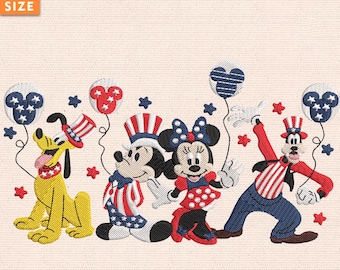 Desenho de bordado para o 4 de julho, desenho de bordado do Mickey e seus amigos, desenho de bordado patriótico do Reino Mágico, download instantâneo