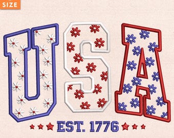 USA 1776刺繍デザイン、7月4日刺繍デザイン、花柄USA刺繍デザイン、即時ダウンロード