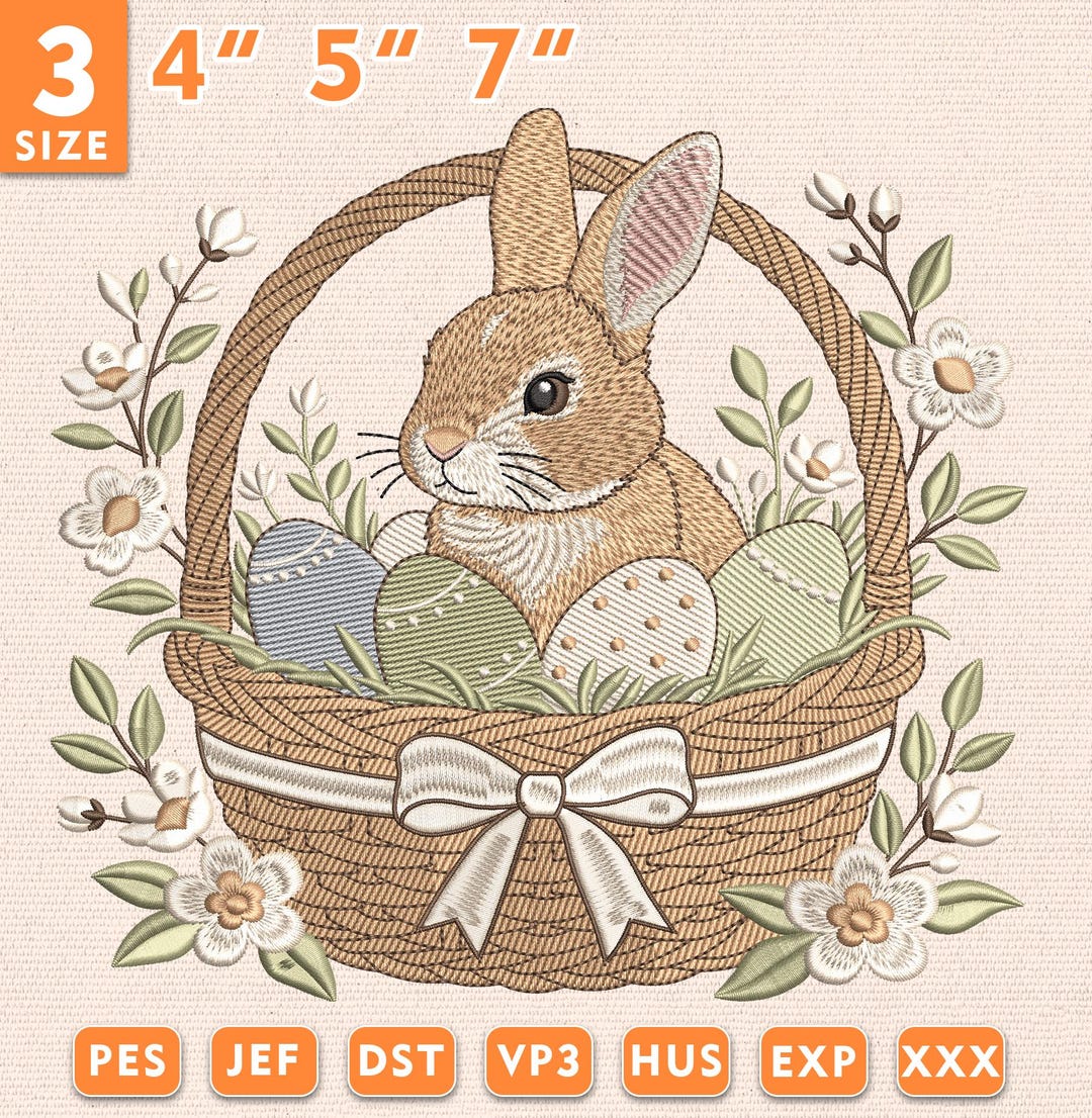 Easter Bunny Basket Embroidery Design, Rabbit With Eggs and Flowers ...