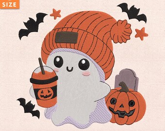 Bougie Ghost Embroidery File, Cute Halloween Ghost Holding Coffee Stitch Design, Cozy Fall Embroidery Pattern, Instant Download