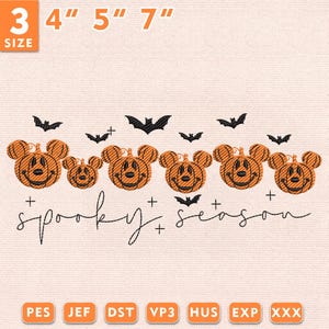 May include: An embroidery design featuring six orange plaid pumpkins with mouse-ear shapes, black bats, and small crosses. The text reads "spooky season" in a cursive font. The image indicates three sizes: 4 inches, 5 inches, and 7 inches.