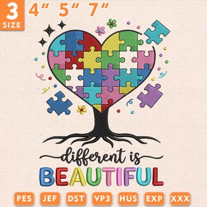 Puede incluir: Un diseño bordado con un árbol en forma de corazón de rompecabezas con las palabras "different is BEAUTIFUL". El corazón está compuesto por piezas de rompecabezas coloridas. Las opciones de tamaño son 7.6 cm, 10.2 cm, 12.7 cm y 17.8 cm.