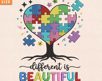 Different Is Beautiful Embroidery File, Autism Awareness Puzzle Heart Neurodiversity Stitch Design, Instant Download