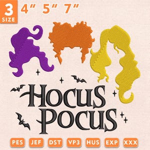 Könnte beinhalten: Ein Stickmuster mit drei stilisierten Haarsilhouetten in Lila, Orange und Gelb über dem schwarzen Text HOCUS POCUS. Kleine schwarze Fledermäuse und Sterne sind um den Text herum verteilt. Das Bild gibt 3 Größen an: 4, 5 und 7 Zoll.