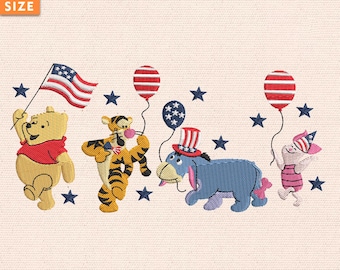 Desenho de bordado para o 4 de julho, desenho de bordado de urso patriótico e seus amigos, desenho de bordado de filme de desenho animado, download instantâneo