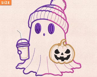 コケットハロウィン刺繍デザイン、ガーリーなリボンと不気味な雰囲気のネオンゴーストステッチファイル、即時ダウンロード