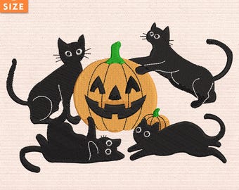 Desenho de bordado de gato preto para o Halloween, arquivo de ponto de morcego com abóbora assustadora para o outono, bordado à máquina de gato fofo, download instantâneo