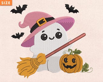 Desenho de bordado de fantasma fofo com café, arquivo de ponto de fantasma chique para o Halloween, bordado assustador, download instantâneo