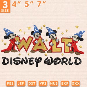 Puede incluir: Diseño bordado con personajes de Mickey Mouse sosteniendo las letras "WALT" encima de "DISNEY WORLD". Mickey lleva un sombrero de mago azul y una túnica roja. El diseño está disponible en tamaños de 7.6 cm, 10.2 cm, 12.7 cm y 17.8 cm.