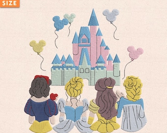 Magical Kingdom Stickmuster, Magical Castle Prinzessin Stickdatei, Retro Prinzessin Familie Stickdatei, Instant Download