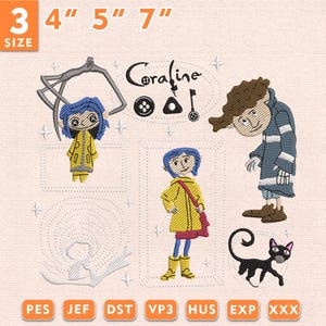 May include: An embroidery design file featuring Coraline characters including a blue-haired figure in a yellow raincoat, a striped-shirt figure, and a black cat. The text reads Coraline with button and key icons. Available in 3, 4, 5, and 7 inch sizes.