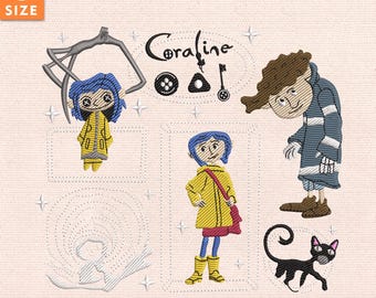Desenho de bordado de menina com olhos de botão assustadores, arquivo de ponto cruz inspirado em bonecas de terror vintage para projetos e decoração de Halloween, download instantâneo.
