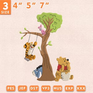 May include: Embroidered design featuring Winnie the Pooh characters. Tigger swings from a tree branch, Piglet sits in the tree, and Pooh sits near a honey pot. The design is available in 3", 4", 5", and 7" sizes.