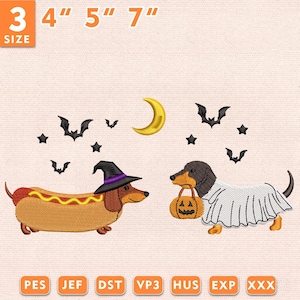 May include: Machine embroidery design featuring two dachshunds. One is dressed as a hot dog with a witch hat, the other as a ghost holding a jack-o'-lantern. Includes a yellow crescent moon, black bats, and stars. Text reads 3 SIZE 4" 5" 7".