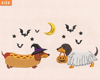Halloween Dachshund Embroidery Design, Witch Hot Dog Weiner Dog And Ghost Doxie Machine Embroidery File, Cute Fall Dog, Instant Download