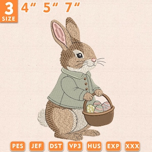 May include: An embroidered design of a brown rabbit wearing a green jacket and holding a basket of Easter eggs. The design is available in 3", 4", 5", and 7" sizes. The image also shows the file types: PES, JEF, DST, VP3, HUS, EXP, and XXX.