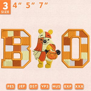 May include: An embroidery design featuring the word BOO with a bear character in the centre wearing a ghost costume and holding a pumpkin bucket. The letters B and O are filled with a patchwork pattern of orange, yellow, and white. Sizes 3", 4", 5", 7".