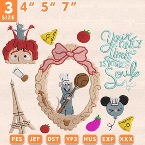 Puede incluir: Diseño bordado con un ratón chef, la Torre Eiffel, queso, tomate y berenjena. Se incluye el texto "Your Only Limit Is Your Soul". Los tamaños disponibles son 7.6 cm, 10.2 cm, 12.7 cm y 17.8 cm.